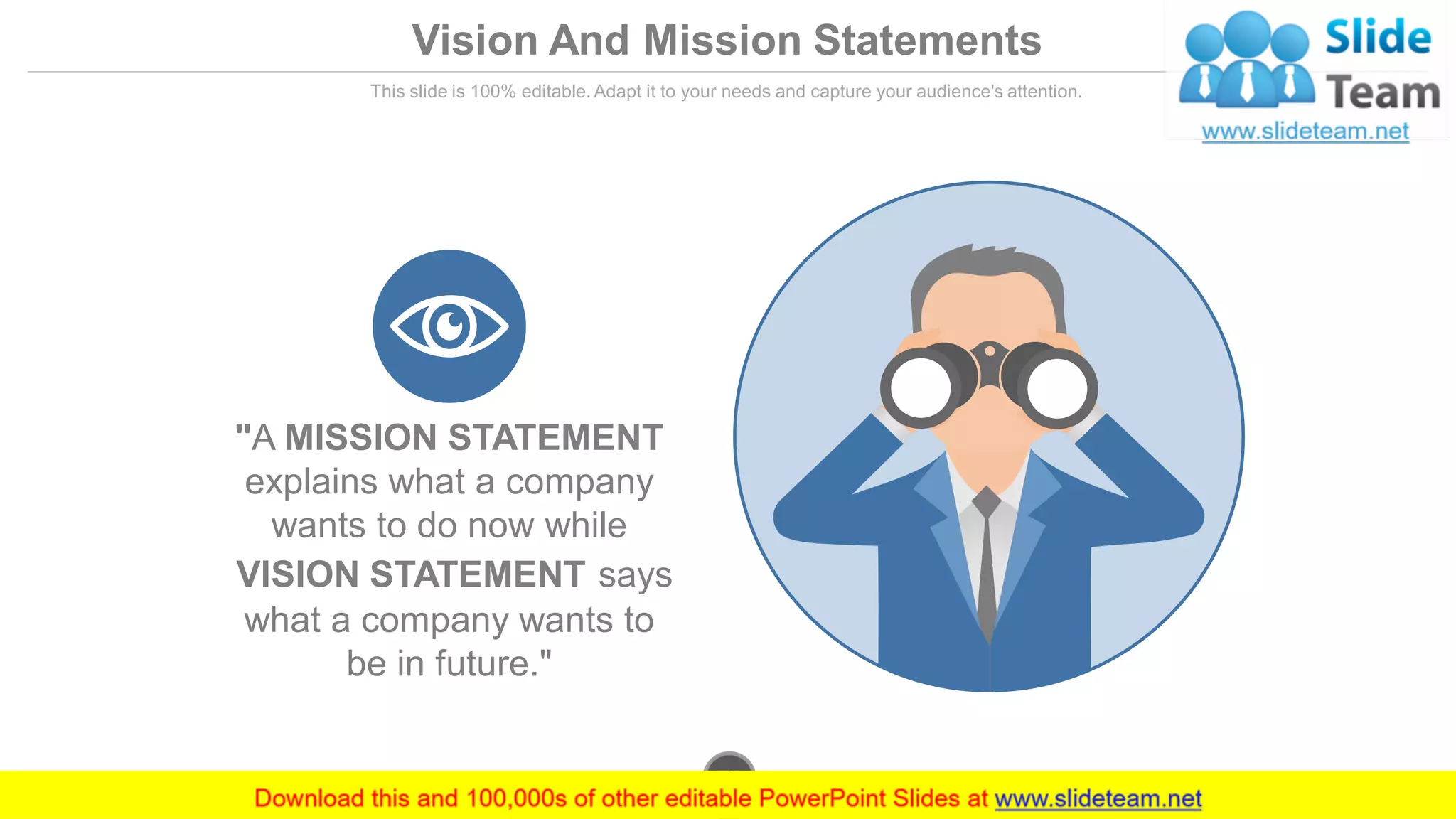Vision And Mission Statements
This slide is 100% editable. Adapt it to your needs and capture your audience's attention.
"A MISSION STATEMENT
explains what a company
wants to do now while
VISION STATEMENT says
what a company wants to
be in future."
www.company.com4
 