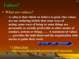 Values?,[object Object],What are values?,[object Object],A value is that which we believe is good. Our values are our enduring beliefs that some ways of acting, some ways of being or some things are personally or socially preferable to other modes of conduct, actions or things. . . .  A statement of values . . . provides the individual and the organisation with norms to guide their work. ,[object Object],Values Scanhttp://www2.fhs.usyd.edu.au/arow/o/m05/valscan.htm,[object Object]