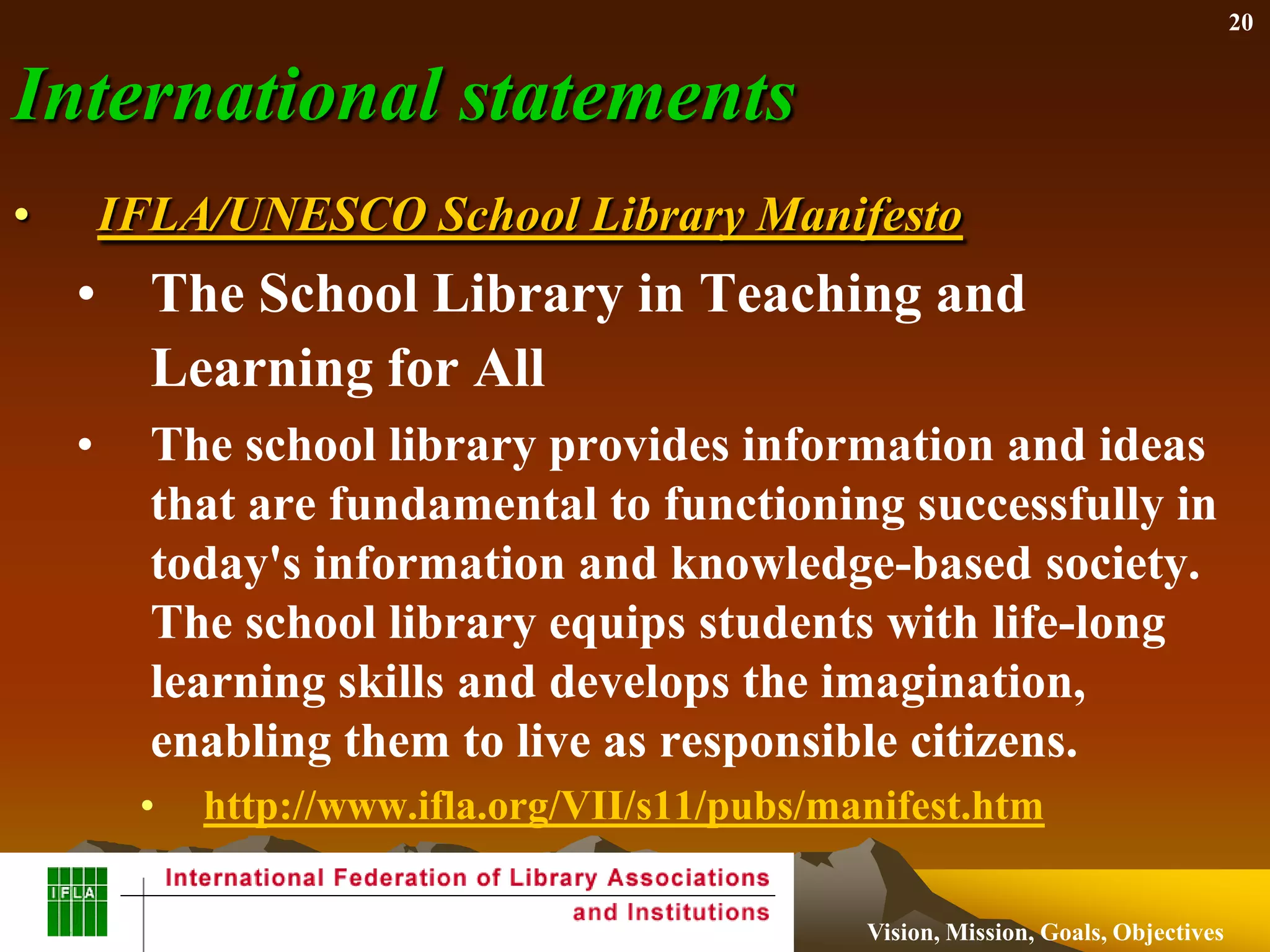 Sample Goal and ObjectivesGoal 2: Improve the media center learning environment so that it is more conducive to constructive student activity by providing more adult supervision and assistance Objectives: Develop a plan for recruiting volunteers, including incentives and guidelines Develop a training program for media center volunteers Implement plan and assess after one yearYOU ARE THE KEY... Program Development