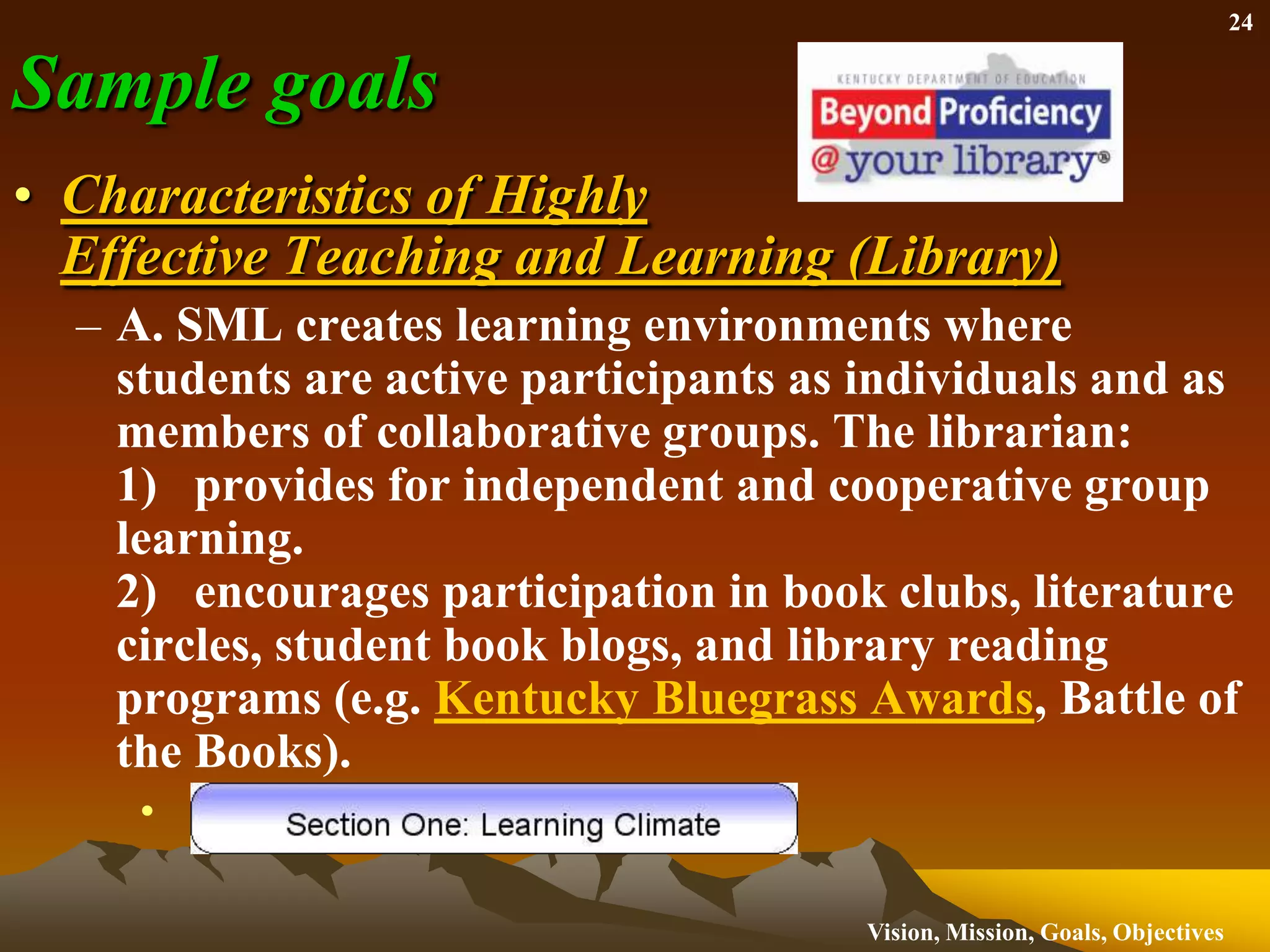 IASL Policy Statement on School LibrariesThe school library is central to the fulfillment of the instructional goals and objectives of the school and promotes this through a planned program of acquisition and organization of information technology and dissemination of materials to expand the learning environment of all students.  A planned program of teaching information skills in partnership with classroom teachers and other educators is an essential part of the school library program.  http://www.iasl-online.org/about/handbook/policysl.html