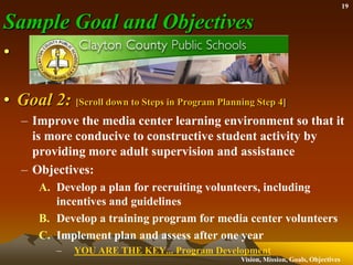 19

Sample Goal and Objectives
•

• Goal 2: [Scroll down to Steps in Program Planning Step 4]
    – Improve the media center learning environment so that it
      is more conducive to constructive student activity by
      providing more adult supervision and assistance
    – Objectives:
       A. Develop a plan for recruiting volunteers, including
          incentives and guidelines
       B. Develop a training program for media center volunteers
       C. Implement plan and assess after one year
           –   YOU ARE THE KEY... Program Development
                                                 Vision, Mission, Goals, Objectives
 
