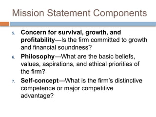 Mission Statement Components
5. Concern for survival, growth, and
profitability—Is the firm committed to growth
and financial soundness?
6. Philosophy—What are the basic beliefs,
values, aspirations, and ethical priorities of
the firm?
7. Self-concept—What is the firm’s distinctive
competence or major competitive
advantage?
 