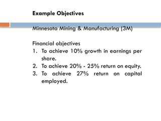Example Objectives
Minnesota Mining & Manufacturing (3M)
Financial objectives
1. To achieve 10% growth in earnings per
share.
2. To achieve 20% - 25% return on equity.
3. To achieve 27% return on capital
employed.
 