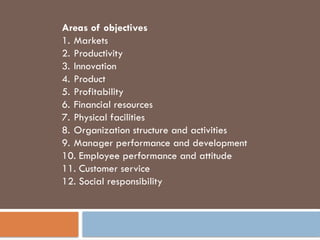 Areas of objectives
1. Markets
2. Productivity
3. Innovation
4. Product
5. Profitability
6. Financial resources
7. Physical facilities
8. Organization structure and activities
9. Manager performance and development
10. Employee performance and attitude
11. Customer service
12. Social responsibility
 
