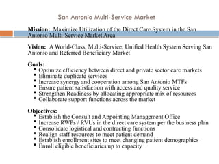 San Antonio Multi-Service Market
Mission: Maximize Utilization of the Direct Care System in the San
Antonio Multi-Service Market Area
Vision: A World-Class, Multi-Service, Unified Health System Serving San
Antonio and Referred Beneficiary Market
Goals:
 Optimize efficiency between direct and private sector care markets
 Eliminate duplicate services
 Increase synergy and cooperation among San Antonio MTFs
 Ensure patient satisfaction with access and quality service
 Strengthen Readiness by allocating appropriate mix of resources
 Collaborate support functions across the market
Objectives:
 Establish the Consult and Appointing Management Office
 Increase RWPs / RVUs in the direct care system per the business plan
 Consolidate logistical and contracting functions
 Realign staff resources to meet patient demand
 Establish enrollment sites to meet changing patient demographics
 Enroll eligible beneficiaries up to capacity
 