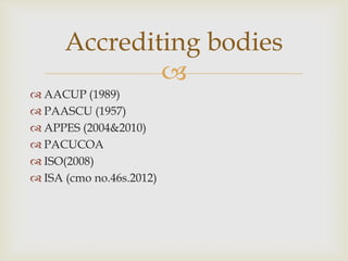 
 AACUP (1989)
 PAASCU (1957)
 APPES (2004&2010)
 PACUCOA
 ISO(2008)
 ISA (cmo no.46s.2012)
Accrediting bodies
 