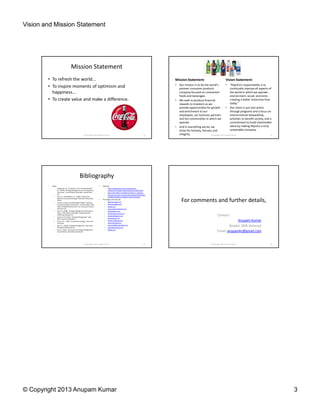 Vision and Mission Statement
© Copyright 2013 Anupam Kumar 3
Mission Statement
• To refresh the world...
• To inspire moments of optimism and
happiness...
• To create value and make a difference.
© Copyright 2013 Anupam Kumar 13
Pepsico
Mission Statement:
• Our mission is to be the world's
premier consumer products
company focused on convenient
foods and beverages.
• We seek to produce financial
rewards to investors as we
provide opportunities for growth
and enrichment to our
employees, our business partners
and the communities in which we
operate.
• And in everything we do, we
strive for honesty, fairness and
integrity.
Vision Statement:
• "PepsiCo's responsibility is to
continually improve all aspects of
the world in which we operate -
environment, social, economic -
creating a better tomorrow than
today."
• Our vision is put into action
through programs and a focus on
environmental stewardship,
activities to benefit society, and a
commitment to build shareholder
value by making PepsiCo a truly
sustainable company.
© Copyright 2013 Anupam Kumar 14
Bibliography
• Books:
– Burgelman,R.A., Christensen,C.M.,and Wheelwright,
S.C.,(2009), “Strategic Management of Technology and
Innovation”,FourthEdition,New Delhi: Tata McGraw
Hill.
– Day, G.S., and Reibstein,D.J., (2006), “Wharton on
Dynamic CompetitiveStrategy,” New Delhi: Wiley India
(P) Ltd.
– Johnson,Scholes,and Whittington,(2008), “Exploring
Corporate Strategy: Text & Cases”, Seventh Edition,New
Delhi: DorlingKindersley (I) Pvt. Ltd.,licensee of Pearson
Education Ltd.
– Kazmi,A. (2008), “Strategic Management and Business
Policy,” Third Edition,New Delhi: Tata McGraw Hill
PublishingCompany Ltd.
– Kishore,R.M.,(2010), “Strategic Management”,New
Delhi: Taxmann Publications.
– Porter,M.E..,(200), “Competitive Strategy,” New York:
Free Press.
– Rao, P.S., (2010), “Strategic Management”, New Delhi:
HimalayaPublishingHouse.
– Roy,D., (2010), “Discourseson Strategic Management”,
Second Edition,New Delhi: Asian Books.
• Websites:
– http://smallbusiness.chron.com/shortterm-
mediumterm-longterm-planning-business-60193.html
– http://www.diffen.com/difference/Goal_vs_Objective
– http://www.forbes.com/sites/danschawbel/2013/02/05/
a-g-lafley-develop-a-strategy-to-win-at-business/
• For images and clip arts:
– blog.pac-online.com
– www.taoofdjfuji.com
– walyou.com
– www.superironfoundry.com
– cgnpsolutions.com
– darrenhardy.success.com
– livedwell.blogspot.com
– www.pepsico.com
– analyticsindiamag.com
– www.ongcindia.com
– www.intelligentspeculator.net
– futuredimensionss.com
– kikkidu.com
© Copyright 2013 Anupam Kumar 15
For comments and further details,
Contact:
Anupam Kumar
Reader, SMS Varanasi
Email: anupamkr@gmail.com
© Copyright 2013 Anupam Kumar 16
 