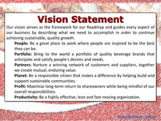 Our vision serves as the framework for our Roadmap and guides every aspect of
our business by describing what we need to accomplish in order to continue
achieving sustainable, quality growth.
People: Be a great place to work where people are inspired to be the best
they can be.
Portfolio: Bring to the world a portfolio of quality beverage brands that
anticipate and satisfy people's desires and needs.
Partners: Nurture a winning network of customers and suppliers, together
we create mutual, enduring value.
Planet: Be a responsible citizen that makes a difference by helping build and
support sustainable communities.
Profit: Maximize long-term return to shareowners while being mindful of our
overall responsibilities.
Productivity: Be a highly effective, lean and fast-moving organization.
Coca-Cola Website - America
 