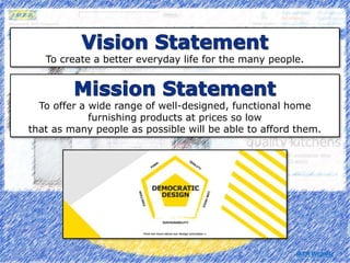 To create a better everyday life for the many people.
To offer a wide range of well-designed, functional home
furnishing products at prices so low
that as many people as possible will be able to afford them.
IKEA Website
 