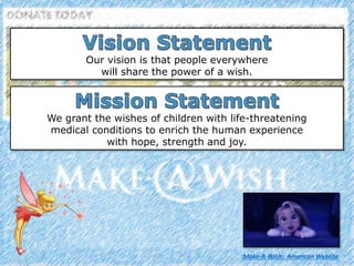 Make-A-Wish: American Website
Our vision is that people everywhere
will share the power of a wish.
We grant the wishes of children with life-threatening
medical conditions to enrich the human experience
with hope, strength and joy.
 