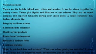 Vision, Mission, Values, Goals, and Objectives | PPTX