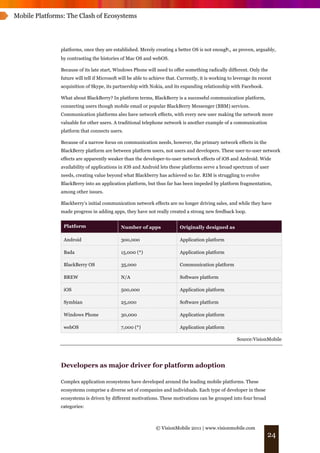 Mobile Platforms: The Clash of Ecosystems




               platforms, once they are established. Merely creating a better OS is not enough, as proven, arguably,
               by contrasting the histories of Mac OS and webOS.

               Because of its late start, Windows Phone will need to offer something radically different. Only the
               future will tell if Microsoft will be able to achieve that. Currently, it is working to leverage its recent
               acquisition of Skype, its partnership with Nokia, and its expanding relationship with Facebook.

               What about BlackBerry? In platform terms, BlackBerry is a successful communication platform,
               connecting users though mobile email or popular BlackBerry Messenger (BBM) services.
               Communication platforms also have network effects, with every new user making the network more
               valuable for other users. A traditional telephone network is another example of a communication
               platform that connects users.

               Because of a narrow focus on communication needs, however, the primary network effects in the
               BlackBerry platform are between platform users, not users and developers. These user-to-user network
               effects are apparently weaker than the developer-to-user network effects of iOS and Android. Wide
               availability of applications in iOS and Android lets these platforms serve a broad spectrum of user
               needs, creating value beyond what Blackberry has achieved so far. RIM is struggling to evolve
               BlackBerry into an application platform, but thus far has been impeded by platform fragmentation,
               among other issues.

               Blackberry’s initial communication network effects are no longer driving sales, and while they have
               made progress in adding apps, they have not really created a strong new feedback loop.


                Platform                     Number of apps                Originally designed as

                Android                      300,000                       Application platform

                Bada                         15,000 (*)                    Application platform

                BlackBerry OS                35,000                        Communication platform

                BREW                         N/A                           Software platform

                iOS                          500,000                       Application platform

                Symbian                      25,000                        Software platform

                Windows Phone                30,000                        Application platform

                webOS                        7,000 (*)                     Application platform

                                                                                                        Source:VisionMobile




               Developers as major driver for platform adoption

               Complex application ecosystems have developed around the leading mobile platforms. These
               ecosystems comprise a diverse set of companies and individuals. Each type of developer in these
               ecosystems is driven by different motivations. These motivations can be grouped into four broad
               categories:



                                                               © VisionMobile 2011 | www.visionmobile.com
                                                                                                                       24
 