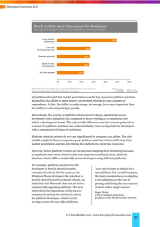 all platforms thought that market penetration was the top reason for platform selection.
Meanwhile, the ability to make money was deemed relevant by just a quarter of
respondents. In fact, the ability to make money, on average, is no more important than
the ability to code and prototype quickly.

Interestingly, the scoring of platform criteria doesn’t change significantly across
developers with a technical role, compared to those working in a commercial role
within a development house. The only notable difference was that revenue potential as
a reason for platform selection was, understandably, twice as important for developers
with a commercial role than for hobbyists.

Platform selection criteria do not vary significantly by company size, either. The only
notable insight is that as companies grow, platform selection criteria shift away from
market penetration and into prioritising the platform the client has requested.

However, before platform vendors go out and start adapting their marketing messages
to emphasize user reach, there is some very important small print here: platform
selection criteria differ considerably across developers using different platforms.

For example, platform selection for iOS
developers is heavily skewed towards                   “Low cost of entry is critical for a
commercial criteria. On the contrary, for              new platform. For a small company,
Windows Phone developers the selection is              the main considerations in adopting
heavily skewed towards technical criteria, an          a new platform are the cost of
indication that Microsoft does not yet have a          porting and hitting the max amount
commercially appealing platform. The next              of users with a single version.”
chart shows the importance of the top two
                                                       Roger Nolan
commercial and top two technical criteria              CTO at Ambient Industries,
for platform developers, relative to the               producer of the Flook location browser.
average, across the top-eight platforms.



                             © VisionMobile 2011 | www.DeveloperEconomics.com
                                                                                           21
 