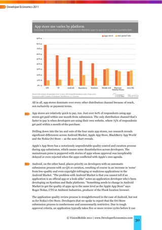 All in all, app stores dominate over every other distribution channel because of reach,
not exclusivity or payment terms.

App stores are relatively quick to pay, too. Just over 60% of respondents using app
stores get paid within one month from submission. The only distribution channel that’s
faster to pay is when developers are using their own website, where 75% of respondents
get paid within a month of the purchase.

Drilling down into the ins and outs of the four main app stores, our research reveals
significant differences across Android Market, Apple App Store, BlackBerry App World
and the Nokia Ovi Store – as the next chart reveals.

Apple’s App Store has a notoriously unpredictable quality control and curation process
during app submission, which causes some dissatisfaction across developers. The
mainstream press is peppered with stories of apps whose approval was inexplicably
delayed or even rejected when the apps conflicted with Apple’s own agenda.

Android, on the other hand, places priority on developers with an automatic
submission process with no QA or curation, resulting of course in an increase in ‘noise’
from low-quality and even copyright-infringing or malicious applications in the
Android Market. “The problem with Android Market is that you cannot tell if an
application is an official app or a look-alike” notes an application developer who’s been
developing on Symbian and Bada platforms. “Something needs to change in Android
Market to get the quality of apps up to the same level as the Apple App Store” says
Roger Nolan, CTO at Ambient Industries, producer of the Flook location browser.

The application quality review process is straightforward in the case of Android, but not
so for Nokia’s Ovi Store. Developers that we spoke to report that the Ovi Store
submission process is cumbersome and unnecessarily restrictive. Due to tough
approval criteria, an application typically takes five or more review cycles before it can


                             © VisionMobile 2011 | www.DeveloperEconomics.com
                                                                                          30
 