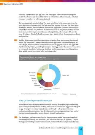 relatively high revenues per app, Java ME developers did not necessarily respond
positively when we asked about their level of satisfaction with revenues (i.e. whether
revenues were above or below expectations).

The previous graph is quite telling. The good news? One in three developers see the
level of revenues they expected. The bad news? On average, there are five times more
developers who are dissatisfied with their mobile application revenues than there are
satisfied developers. The platforms do add some colour to the picture; iOS developers
have more positive impressions than any other platform, whereas Java ME has the
most developers dissatisfied with revenues, since feature phone Java games downloads
are in decline.

Besides the revenues individual developers are seeing, how are revenues distributed
across app categories? Games dominate all other application categories bringing in a
total of 45% of revenues from paid downloads and in-app purchases in the Apple iOS
App Store in April 2011, according to analytics firm App Annie. The revenue breakdown
by category is based on a bottom-up statistical model drawn upon more than 40,000
apps, which use the App Annie sales analytics service.




How do developers make money?
Much like the web, the application economy is steadily shifting to corporate funding;
more and more developers are working for a salary or commission. Approximately 50%
of app developers in our survey make money through a salary or commission,
confirming that commissioned app development is becoming as an important part of
the app economy as making money directly through applications.

For developers making money directly, the top revenue model is pay-per-download,
followed by advertising and freemium (free download, then pay to upgrade). Despite
the hype surrounding newer revenue models, we found that subscriptions and in-app


                             © VisionMobile 2011 | www.DeveloperEconomics.com
                                                                                         38
 