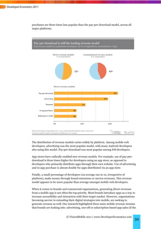 purchases are three times less popular than the pay-per-download model, across all
major platforms.




The distribution of revenue models varies widely by platform. Among mobile web
developers, advertising was the most popular model, with many Android developers
also using this model. Pay-per-download was most popular among iOS developers.

App stores have radically enabled new revenue models. For example, use of pay-per-
download is three times higher for developers using an app store, as opposed to
developers who primarily distribute apps through their own website. Use of advertising
and in-app purchase is almost double for apps distributed via an app store.

Finally, a small percentage of developers (on average one in 10, irrespective of
platform), make money through brand extensions or service revenues. This revenue
model appears to be more popular than average amongst mobile web developers.

When it comes to brands and commercial organisations, generating direct revenues
from a mobile app is not often the top priority. Most brands introduce apps as a way to
increase accessibility and interaction with their target market. However, organisations
becoming savvier in extending their digital strategies into mobile, are seeking to
generate revenue as well. Our research highlighted three main mobile revenue streams
that brands are looking into: advertising, one-off or subscription-based app sales (if the


                             © VisionMobile 2011 | www.DeveloperEconomics.com
                                                                                        39
 