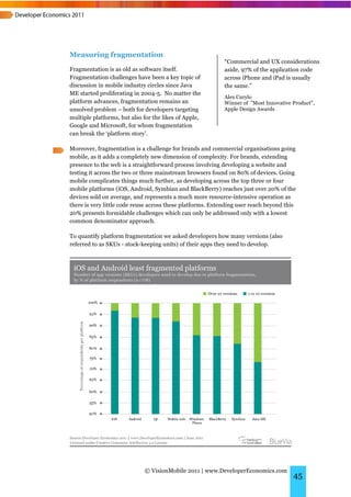 Measuring fragmentation
                                                            “Commercial and UX considerations
Fragmentation is as old as software itself.                 aside, 97% of the application code
Fragmentation challenges have been a key topic of           across iPhone and iPad is usually
discussion in mobile industry circles since Java            the same.”
ME started proliferating in 2004-5. No matter the
                                                            Alex Curylo
platform advances, fragmentation remains an                 Winner of "Most Innovative Product",
unsolved problem – both for developers targeting            Apple Design Awards
multiple platforms, but also for the likes of Apple,
Google and Microsoft, for whom fragmentation
can break the ‘platform story’.

Moreover, fragmentation is a challenge for brands and commercial organisations going
mobile, as it adds a completely new dimension of complexity. For brands, extending
presence to the web is a straightforward process involving developing a website and
testing it across the two or three mainstream browsers found on 80% of devices. Going
mobile complicates things much further, as developing across the top three or four
mobile platforms (iOS, Android, Symbian and BlackBerry) reaches just over 20% of the
devices sold on average, and represents a much more resource-intensive operation as
there is very little code reuse across these platforms. Extending user reach beyond this
20% presents formidable challenges which can only be addressed only with a lowest
common denominator approach.

To quantify platform fragmentation we asked developers how many versions (also
referred to as SKUs - stock-keeping units) of their apps they need to develop.




                             © VisionMobile 2011 | www.DeveloperEconomics.com
                                                                                       45
 