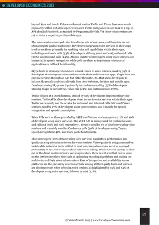 beyond keys and touch. Voice-enablement leaders Twilio and Voxeo have seen much
popularity within web developer circles, with Twilio rising once in late 2011 to a top-10
API ahead of Facebook, as tracked by ProgrammableWeb. Yet these voice services are
yet to make a major impact in mobile apps.

The voice services surveyed cater to a diverse mix of use cases, and therefore do not
often compete against each other. Developers integrating voice services in their apps
tend to use them primarily for enabling voice call capabilities within their apps,
including conference calls (33% of developers utilising voice services), outbound calls
(29%), and inbound calls (24%). About a quarter of developers using voice services, are
interested in speech recognition while 20% use them to implement voice portal
applications or callback functionality.

Skype leads in developer mindshare when it comes to voice services, used by 39% of
developers that integrate voice services within their mobile or web apps. Skype does not
provide services through an API but rather through URIs that allow developers to
initiate Skype calls and chats directly from their websites, desktop and mobile apps.
Developers using Skype use it primarily for conference calling (55% of developers
utilising Skype in our survey), video calls (43%) and outbound calls (37%).

Twilio follows at a short distance, utilised by 31% of developers implementing voice
services. Twilio APIs allow developers direct access to voice services within their apps.
Twilio users mostly use the service for outbound and inbound calls. Microsoft Voice
services, used by 27% of developers using voice services, use it mainly for speech
recognition and speech transcription.

Telco APIs such as those provided by AT&T and Verizon are less popular (17% and 10%
of developers using voice services). The AT&T API is mainly used for conference calls
and callback (36% and 32% respectively). Tropo is used by 5% of developers using voice
services and is mainly used for Conference calls (50% of developers using Tropo),
speech recognition (41%) and voice portal functionality.

Most developers (39% of those using voice services) highlighted performance and
quality as a top selection criterion for voice services. Voice quality is not guaranteed on
mobile data networks but is critical in most use cases where voice services are used,
particularly in real-time voice such as conference calling. While network quality is often
out of the direct control of voice services providers, there is still a lot that can be done
on the service providers’ side such as optimising encoding algorithms and scaling the
architecture of their voice infrastructure. Ease of integration and availability across
platforms are the prevailing selection criteria among all third-party tools and services
are also important when selecting voice services, as highlighted by 35% and 34% of
developers using voice services, followed by cost (27%).




                                                                                               53
                              © VisionMobile 2013 | www.DeveloperEconomics.com
 