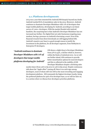 2.1. Platform developments
2013 was a year that cemented the Android/iOS duopoly beyond any doubt.
Android reached 81% of smartphone sales in Q3 2013. Moreover, Android
continues to dominate Developer Mindshare with 71% of developers that
target mobile platforms, developing for Android, according to our latest
survey of 7,000+ developers. With the market flooded with Android
handsets, the surprising fact is that Android’s Developer Mindshare has not
increased any further. For digital (but not only) businesses targeting mass
markets, having a presence on Android is becoming a must. Even if the
financial rewards from direct downloads are still lagging behind iOS,
Android’s massive user base is a good enough reason to justify the
investment in the platform, for all developer segments, from Hobbyists to
Enterprise IT developers.
iOS shows a slight drop in Developer Mindshare
from 57% to 55%, a decline which is, however,
Developer Mindshare with 71% of
within the limits of statistical error. As we will
see further ahead, iOS continues to provide
developers that target mobile
better monetisation options for most developers
platforms developing for Android”
and this is reflected in the stability of iOS
Developer Mindshare despite a declining sales
market share (from 15% in Q3 2012 to 13% in Q3 2013). Despite continuous
talk about the “Apple effect” waning off, there is no such sign among
developers, most of whom still view iOS as the most rewarding and engaging
development platform. iOS commands the highest developer loyalty, being
the preferred platform for 59% of its developer base, as we will see later on,
in a section where we discuss how developers prioritise platforms.

“Android continues to dominate

14
© VisionMobile 2014 | www.DeveloperEconomics.com/go

 