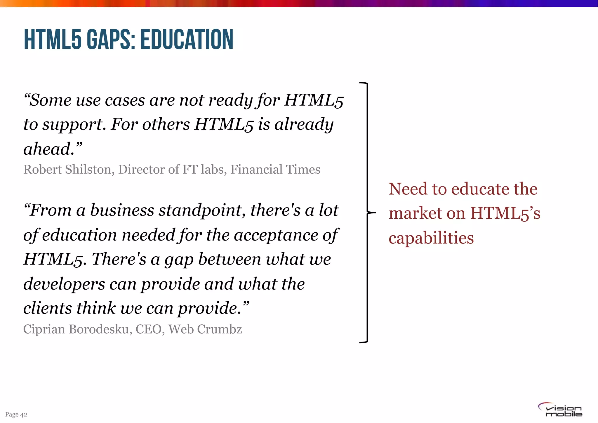 HTML5 GAPS: EDUCATION
“Some use cases are not ready for HTML5
to support. For others HTML5 is already
ahead.”
Robert Shilston, Director of FT labs, Financial Times

“From a business standpoint, there's a lot
of education needed for the acceptance of
HTML5. There's a gap between what we
developers can provide and what the
clients think we can provide.”
Ciprian Borodesku, CEO, Web Crumbz

Page 42

Need to educate the
market on HTML5’s
capabilities

 