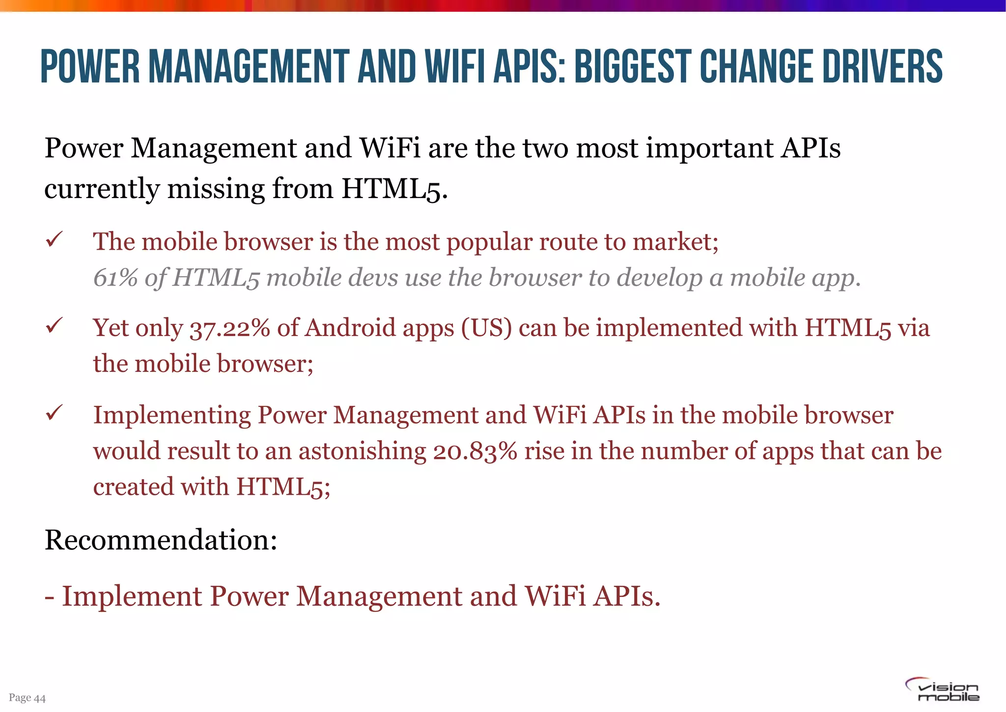 Power management and wifi APIs: BIGGEST CHANGE DRIVERS
Power Management and WiFi are the two most important APIs
currently missing from HTML5.
! 

The mobile browser is the most popular route to market;
61% of HTML5 mobile devs use the browser to develop a mobile app.

! 

Yet only 37.22% of Android apps (US) can be implemented with HTML5 via
the mobile browser;

! 

Implementing Power Management and WiFi APIs in the mobile browser
would result to an astonishing 20.83% rise in the number of apps that can be
created with HTML5;

Recommendation:
- Implement Power Management and WiFi APIs.

Page 44

 
