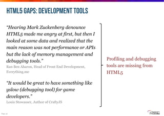 HTML5 GAPS: DEVELOPMENT TOOLS
“Hearing Mark Zuckenberg denounce
HTML5 made me angry at first, but then I
looked at some da...