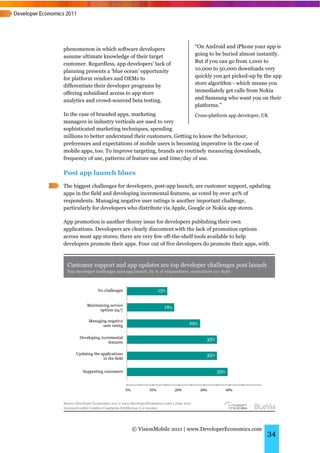 phenomenon in which software developers                 “On Android and iPhone your app is
assume ultimate knowledge of their target               going to be buried almost instantly.
customer. Regardless, app developers’ lack of           But if you can go from 1,000 to
planning presents a ‘blue ocean’ opportunity            10,000 to 50,000 downloads very
for platform vendors and OEMs to                        quickly you get picked-up by the app
differentiate their developer programs by               store algorithm - which means you
offering subsidised access to app store                 immediately get calls from Nokia
analytics and crowd-sourced beta testing.               and Samsung who want you on their
                                                        platforms.”
In the case of branded apps, marketing                  Cross-platform app developer, UK
managers in industry verticals are used to very
sophisticated marketing techniques, spending
millions to better understand their customers. Getting to know the behaviour,
preferences and expectations of mobile users is becoming imperative in the case of
mobile apps, too. To improve targeting, brands are routinely measuring downloads,
frequency of use, patterns of feature use and time/day of use.

Post app launch blues
The biggest challenges for developers, post-app launch, are customer support, updating
apps in the field and developing incremental features, as voted by over 40% of
respondents. Managing negative user ratings is another important challenge,
particularly for developers who distribute via Apple, Google or Nokia app stores.

App promotion is another thorny issue for developers publishing their own
applications. Developers are clearly discontent with the lack of promotion options
across most app stores; there are very few off-the-shelf tools available to help
developers promote their apps. Four out of five developers do promote their apps, with




                             © VisionMobile 2011 | www.DeveloperEconomics.com
                                                                                       34
 
