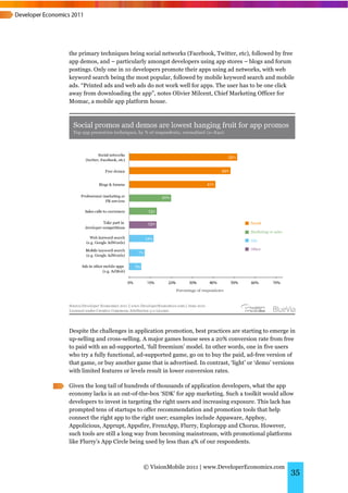 the primary techniques being social networks (Facebook, Twitter, etc), followed by free
app demos, and – particularly amongst developers using app stores – blogs and forum
postings. Only one in 10 developers promote their apps using ad networks, with web
keyword search being the most popular, followed by mobile keyword search and mobile
ads. “Printed ads and web ads do not work well for apps. The user has to be one click
away from downloading the app”, notes Olivier Milcent, Chief Marketing Officer for
Momac, a mobile app platform house.




Despite the challenges in application promotion, best practices are starting to emerge in
up-selling and cross-selling. A major games house sees a 20% conversion rate from free
to paid with an ad-supported, ‘full freemium’ model. In other words, one in five users
who try a fully functional, ad-supported game, go on to buy the paid, ad-free version of
that game, or buy another game that is advertised. In contrast, ‘light’ or ‘demo’ versions
with limited features or levels result in lower conversion rates.

Given the long tail of hundreds of thousands of application developers, what the app
economy lacks is an out-of-the-box ‘SDK’ for app marketing. Such a toolkit would allow
developers to invest in targeting the right users and increasing exposure. This lack has
prompted tens of startups to offer recommendation and promotion tools that help
connect the right app to the right user; examples include Appaware, Appboy,
Appolicious, Apprupt, Appsfire, FrenzApp, Flurry, Explorapp and Chorus. However,
such tools are still a long way from becoming mainstream, with promotional platforms
like Flurry’s App Circle being used by less than 4% of our respondents.



                             © VisionMobile 2011 | www.DeveloperEconomics.com
                                                                                        35
 