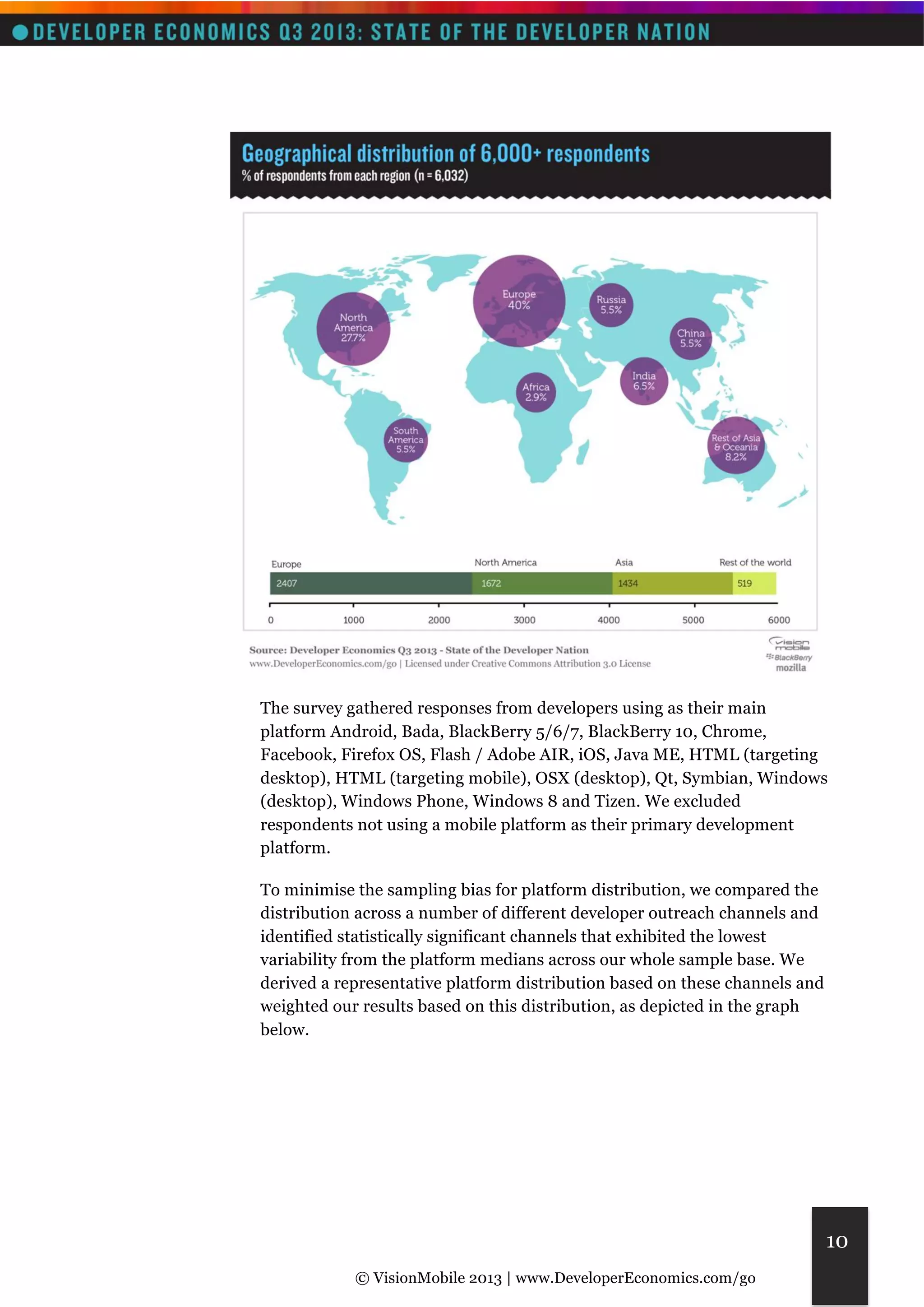 The survey gathered responses from developers using as their main 
platform Android, Bada, BlackBerry 5/6/7, BlackBerry 10, Chrome, 
Facebook, Firefox OS, Flash / Adobe AIR, iOS, Java ME, HTML (targeting 
desktop), HTML (targeting mobile), OSX (desktop), Qt, Symbian, Windows 
(desktop), Windows Phone, Windows 8 and Tizen. We excluded 
respondents not using a mobile platform as their primary development 
platform. 
© VisionMobile 2013 | www.DeveloperEconomics.com/go 
10 
To minimise the sampling bias for platform distribution, we compared the 
distribution across a number of different developer outreach channels and 
identified statistically significant channels that exhibited the lowest 
variability from the platform medians across our whole sample base. We 
derived a representative platform distribution based on these channels and 
weighted our results based on this distribution, as depicted in the graph 
below. 
 