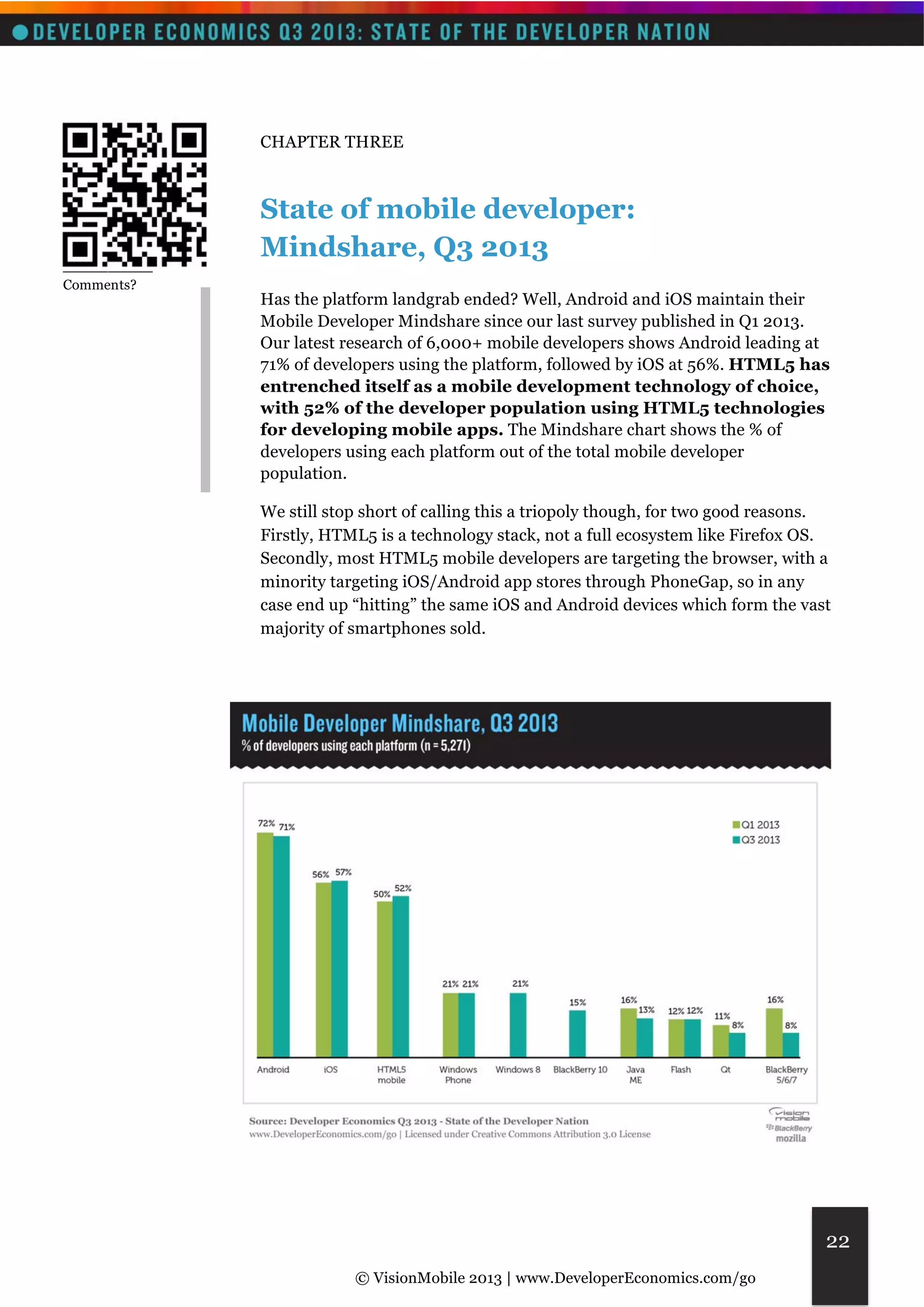 © VisionMobile 2013 | www.DeveloperEconomics.com/go 
22 
CHAPTER THREE 
State of mobile developer: 
Mindshare, Q3 2013 
Has the platform landgrab ended? Well, Android and iOS maintain their 
Mobile Developer Mindshare since our last survey published in Q1 2013. 
Our latest research of 6,000+ mobile developers shows Android leading at 
71% of developers using the platform, followed by iOS at 56%. HTML5 has 
entrenched itself as a mobile development technology of choice, 
with 52% of the developer population using HTML5 technologies 
for developing mobile apps. The Mindshare chart shows the % of 
developers using each platform out of the total mobile developer 
population. 
We still stop short of calling this a triopoly though, for two good reasons. 
Firstly, HTML5 is a technology stack, not a full ecosystem like Firefox OS. 
Secondly, most HTML5 mobile developers are targeting the browser, with a 
minority targeting iOS/Android app stores through PhoneGap, so in any 
case end up “hitting” the same iOS and Android devices which form the vast 
majority of smartphones sold. 
__________ 
Comments? 
 