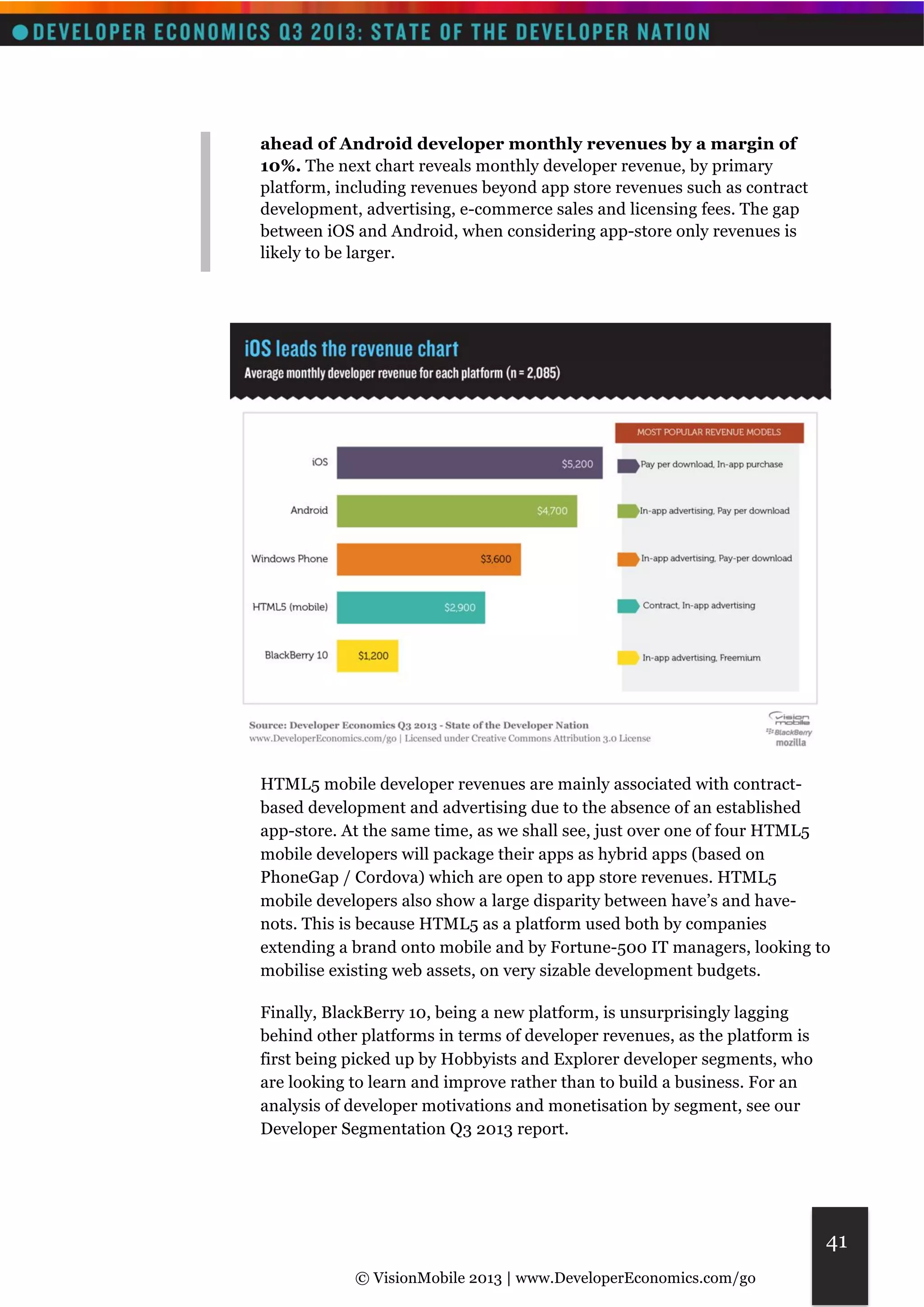 © VisionMobile 2013 | www.DeveloperEconomics.com/go 
41 
ahead of Android developer monthly revenues by a margin of 
10%. The next chart reveals monthly developer revenue, by primary 
platform, including revenues beyond app store revenues such as contract 
development, advertising, e-commerce sales and licensing fees. The gap 
between iOS and Android, when considering app-store only revenues is 
likely to be larger. 
HTML5 mobile developer revenues are mainly associated with contract-based 
development and advertising due to the absence of an established 
app-store. At the same time, as we shall see, just over one of four HTML5 
mobile developers will package their apps as hybrid apps (based on 
PhoneGap / Cordova) which are open to app store revenues. HTML5 
mobile developers also show a large disparity between have’s and have-nots. 
This is because HTML5 as a platform used both by companies 
extending a brand onto mobile and by Fortune-500 IT managers, looking to 
mobilise existing web assets, on very sizable development budgets. 
Finally, BlackBerry 10, being a new platform, is unsurprisingly lagging 
behind other platforms in terms of developer revenues, as the platform is 
first being picked up by Hobbyists and Explorer developer segments, who 
are looking to learn and improve rather than to build a business. For an 
analysis of developer motivations and monetisation by segment, see our 
Developer Segmentation Q3 2013 report. 
 