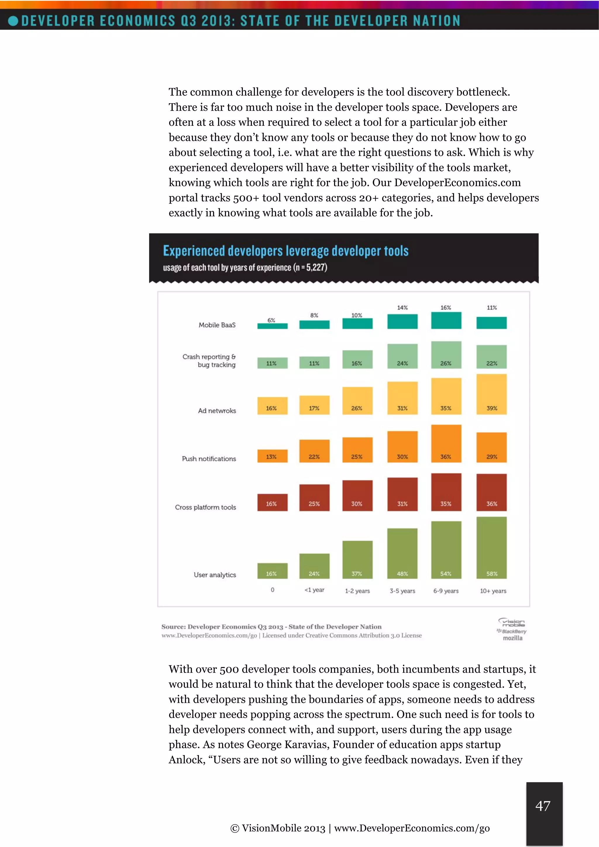 The common challenge for developers is the tool discovery bottleneck. 
There is far too much noise in the developer tools space. Developers are 
often at a loss when required to select a tool for a particular job either 
because they don’t know any tools or because they do not know how to go 
about selecting a tool, i.e. what are the right questions to ask. Which is why 
experienced developers will have a better visibility of the tools market, 
knowing which tools are right for the job. Our DeveloperEconomics.com 
portal tracks 500+ tool vendors across 20+ categories, and helps developers 
exactly in knowing what tools are available for the job. 
With over 500 developer tools companies, both incumbents and startups, it 
would be natural to think that the developer tools space is congested. Yet, 
with developers pushing the boundaries of apps, someone needs to address 
developer needs popping across the spectrum. One such need is for tools to 
help developers connect with, and support, users during the app usage 
phase. As notes George Karavias, Founder of education apps startup 
Anlock, “Users are not so willing to give feedback nowadays. Even if they 
© VisionMobile 2013 | www.DeveloperEconomics.com/go 
47 
 