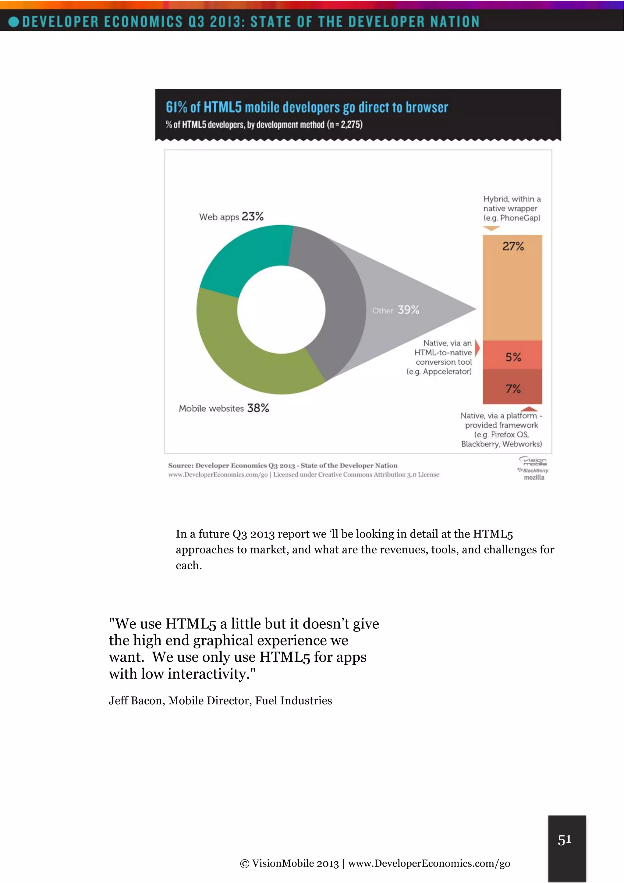 © VisionMobile 2013 | www.DeveloperEconomics.com/go 
51 
In a future Q3 2013 report we ‘ll be looking in detail at the HTML5 
approaches to market, and what are the revenues, tools, and challenges for 
each. 
"We use HTML5 a little but it doesn’t give 
the high end graphical experience we 
want. We use only use HTML5 for apps 
with low interactivity." 
Jeff Bacon, Mobile Director, Fuel Industries 
 