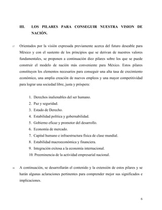 III. LOS PILARES PARA CONSEGUIR NUESTRA VISION DE
NACIÓN.
17 Orientados por la visión expresada previamente acerca del futuro deseable para
México y con el sustento de los principios que se derivan de nuestros valores
fundamentales, se proponen a continuación diez pilares sobre los que se puede
construir el modelo de nación más conveniente para México. Estos pilares
constituyen los elementos necesarios para conseguir una alta tasa de crecimiento
económico, una amplia creación de nuevos empleos y una mayor competitividad
para lograr una sociedad libre, justa y próspera:
1. Derechos inalienables del ser humano.
2. Paz y seguridad.
3. Estado de Derecho.
4. Estabilidad política y gobernabilidad.
5. Gobierno eficaz y promotor del desarrollo.
6. Economía de mercado.
7. Capital humano e infraestructura física de clase mundial.
8. Estabilidad macroeconómica y financiera.
9. Integración exitosa a la economía internacional.
10. Preeminencia de la actividad empresarial nacional.
18 A continuación, se desarrollarán el contenido y la extensión de estos pilares y se
harán algunas aclaraciones pertinentes para comprender mejor sus significados e
implicaciones.
6
 