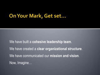 We have built a cohesive leadership team.
We have created a clear organizational structure.
We have communicated our mission and vision.
Now, Imagine…
 