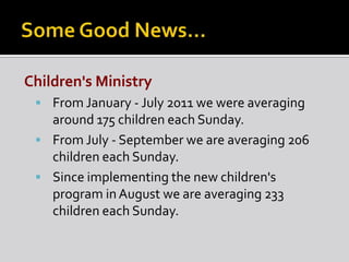 Children's Ministry
  From January - July 2011 we were averaging
   around 175 children each Sunday.
  From July - September we are averaging 206
   children each Sunday.
  Since implementing the new children's
   program in August we are averaging 233
   children each Sunday.
 