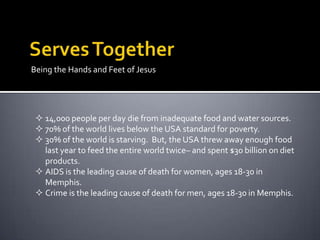Being the Hands and Feet of Jesus




  14,000 people per day die from inadequate food and water sources.
  70% of the world lives below the USA standard for poverty.
  30% of the world is starving. But, the USA threw away enough food
   last year to feed the entire world twice– and spent $30 billion on diet
   products.
  AIDS is the leading cause of death for women, ages 18-30 in
   Memphis.
  Crime is the leading cause of death for men, ages 18-30 in Memphis.
 