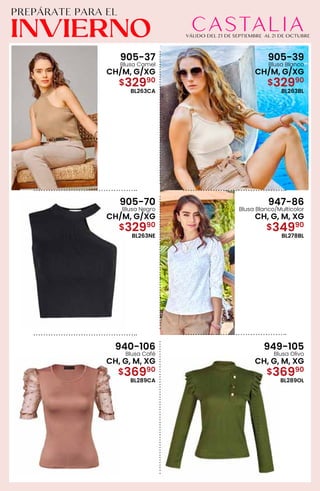 905-37
Blusa Camel
CH/M, G/XG
$32990
BL263CA
905-39
Blusa Blanco
CH/M, G/XG
$32990
BL263BL
905-70
Blusa Negro
CH/M, G/XG
$32990
BL263NE
947-86
Blusa Blanco/Multicolor
CH, G, M, XG
$34990
BL278BL
940-106
Blusa Café
CH, G, M, XG
$36990
BL289CA
949-105
Blusa Olivo
CH, G, M, XG
$36990
BL289OL
 