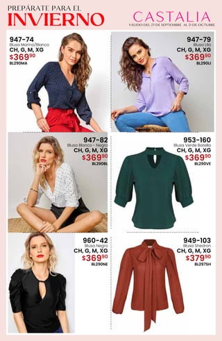 947-74
Blusa Marino/Blanco
CH, G, M, XG
$36990
BL290MA
947-79
Blusa Lila
CH, G, M, XG
$36990
BL290LI
947-82
Blusa Blanco - Negro
CH, G, M, XG
$36990
BL290BL
953-160
Blusa Verde Botella
CH, G, M, XG
$36990
BL290VE
960-42
Blusa Negro
CH, G, M, XG
$36990
BL290NE
949-103
Blusa Shedron
CH, G, M, XG
$37990
BL297SH
 