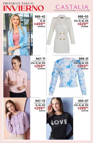 988-42
Saco Azul
G, M
$49990
SA400AZ
988-53
Saco Blanco
CH, G, M, XG
$62990
SA498BL
947-71
Sudadera Rosa
CH, G, M, XG
$25990
SU203RO
989-21
Sudadera Azul/Ivory
CH, G, M, XG
$25990
SU203AZ
947-72
Sudadera Lila
G, M, XG
$29990
SU237LI
993-07
Sudadera Negro
CH, G, M, XG
$29990
SU237NE
 