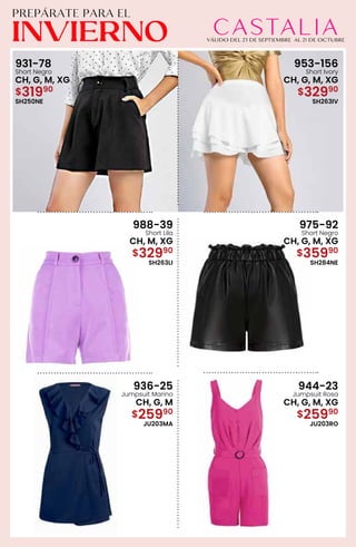 931-78
Short Negro
CH, G, M, XG
$31990
SH250NE
953-156
Short Ivory
CH, G, M, XG
$32990
SH263IV
988-39
Short Lila
CH, M, XG
$32990
SH263LI
975-92
Short Negro
CH, G, M, XG
$35990
SH284NE
936-25
Jumpsuit Marino
CH, G, M
$25990
JU203MA
944-23
Jumpsuit Rosa
CH, G, M, XG
$25990
JU203RO
 