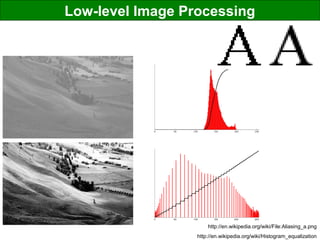 Low-level Image Processing
http://en.wikipedia.org/wiki/File:Aliasing_a.png
http://en.wikipedia.org/wiki/Histogram_equalization
 