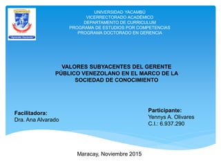 VALORES SUBYACENTES DEL GERENTE
PÚBLICO VENEZOLANO EN EL MARCO DE LA
SOCIEDAD DE CONOCIMIENTO
Participante:
Yennys A. Olivares
C.I.: 6.937.290
Facilitadora:
Dra. Ana Alvarado
Maracay, Noviembre 2015
UNIVERSIDAD YACAMBÚ
VICERRECTORADO ACADÉMICO
DEPARTAMENTO DE CURRICULUM
PROGRAMA DE ESTUDIOS POR COMPETENCIAS
PROGRAMA DOCTORADO EN GERENCIA
 