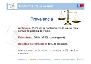 Defectos de la visión


             Prevalencia
Ambliopía: 2-5% de la población. Es la causa más
común de pérdida de visión.

Estrabismo: 3-6% (>75% convergente).

Defectos de refracción: 10% de los niños.

Alteraciones de la visión cromática: <1% de los
varones. El daltonismo (ceguera total) es
excepcional. Hereditario.
Prevención – Repaso – Papel de la AP – Técnicas – Recapitulación   | Página 26
 