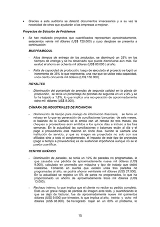 • Gracias a esta auditoría se detectó documentos innecesarios y a su vez la
necesidad de otros que ayudarán a las empresas a mejorar.
Proyectos de Solución de Problemas
• Se han realizado proyectos que cuantificados representan aproximadamente,
setecientos veinte mil dólares (US$ 720.000) y cuyo desglose se presenta a
continuación:
MUEPRAMODUL
- Altos tiempos de entrega de los productos, se disminuyó un 33% en los
tiempos de entrega y se ha observado que puede disminuirse aún más. Se
evaluó el ahorro en ochenta mil dólares (US$ 80.000 ) al año.
- Falta de capacidad de producción, luego de ejecutado el proyecto se logró un
incremento de 35% lo que representa, una vez que se utilice esta capacidad,
unos ciento cincuenta mil dólares (US$ 150.000).
ROYALTEX
- Disminución del porcentaje de prendas de segunda calidad en la planta de
producción, se tenía un porcentaje de prendas de segunda en un 2,4% y se
la ha bajado a 1,8%, lo que implica una recuperación de aproximadamente
ocho mil dólares (US$ 8.000).
CÁMARA DE INDUSTRIALES DE PICHINCHA
- Disminución de tiempo para manejo de información financiera, se tenía un
retraso en lo que es generación de conciliaciones bancarias de seis meses,
el balance de la Cámara se lo emitía con un retraso de tres meses, los
cheques a proveedores eran emitidos a los quince días e incluso a las tres
semanas. En la actualidad las conciliaciones y balances están al día y el
pago a proveedores está máximo en cinco días. Siendo la Cámara una
institución de servicio, y que su imagen es proyectada no solo con sus
afiliados sino a todo el conglomerado, el impacto de este tipo de proyectos
(pago a tiempo a proveedores) es de sustancial importancia aunque no se lo
pueda cuantificar.
CENTRO GRÁFICO
- Disminución de paradas, se tenía un 10% de paradas no programadas, lo
que causaba una pérdida de aproximadamente nueve mil dólares (US$
9.000), calculado en promedio por máquina y tipo de trabajo que debió
realizarse. Tomando en cuenta que existen unas tres paradas no
programadas al año, se podría ahorrar veintisiete mil dólares (US$ 27.000).
En la actualidad se registra un 5% de paros no programados, lo que ha
proporcionado un ahorro de aproximadamente trece mil dólares (US$
13.000).
- Rechazo interno, lo que implica que el cliente no recibe su pedido completo.
Esto es un grave riesgo de pérdida de imagen ante todo, y cuantificando lo
que se dejó de facturar, fue de aproximadamente nueve mil quinientos
dólares (US$ 9.500) por trimestre, lo que implica al año, treinta y ocho mil
dólares (US$ 38.000). Se ha logrado bajar en un 80% el problema, lo
15
 