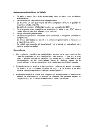 Mejoramiento del Ambiente de Trabajo
• Se revisó el estado físico de las instalaciones, tanto en planta como en oficinas
administrativas.
• Se tomaron fotos y se identificaron áreas problema.
• Se desarrolla un plan que integra las tareas del proceso SOL®
a la gestión de
seguridad, salud y ambiente.
• Se realizó la inducción a todo el personal en los conceptos del SOL®
• Se hicieron reuniones específicas de sensibilización sobre el plan SOL®
primero
con los jefes de cada área y luego con su personal.
• Se ejecutaron mingas por áreas.
• Se realizan inspecciones periódicas, cuyos resultados se reflejan en un índice de
cumplimiento.
• Se definen actividades que se deben ir cumpliendo para mejorar el indicador en
la siguiente inspección.
• Se realizó una encuesta del clima laboral y se analizará en cada planta para
elaborar un plan de acción.
Conclusiones
• Los resultados obtenidos son satisfactorios, aunque en la mayor parte de los
casos los resultados no son cuantificables, básicamente, por que son a largo
plazo y, además, por que se considera que uno de los principales logros es el
involucramiento de los colaboradores claves en distintos niveles de la
organización en lo que a mejoramiento de la calidad y competitividad respecta.
• El plan inmediato es analizar el plan estratégico y efectuar los ajustes necesarios
de acuerdo a las condiciones actuales del negocio y del entorno y, de esta
manera, continuar por el camino del mejoramiento continuo.
• El principal frente en el que se está trabajando es en la implantación definitiva del
Sistema de Administración por Gestión de Procesos, que permitirá mejorar la
competitividad y así incrementar la rentabilidad de las operaciones.
__________
65
 