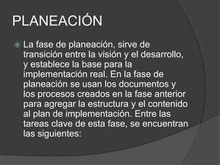 PLANEACIÓN


La fase de planeación, sirve de
transición entre la visión y el desarrollo,
y establece la base para la
implementación real. En la fase de
planeación se usan los documentos y
los procesos creados en la fase anterior
para agregar la estructura y el contenido
al plan de implementación. Entre las
tareas clave de esta fase, se encuentran
las siguientes:

 