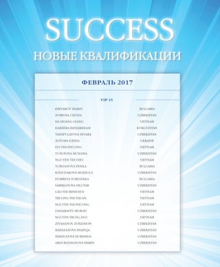 EVENTS
46VISION PLANET  05 / 2017
SUCCESS
НОВЫЕ КВАЛИФИКАЦИИ
ФЕВРАЛЬ 2017
VIP 1S
KIRYAKOV MARIN BULGARIA
ZOIROVA OZODA UZBEKISTAN
HA HOANG GIANG VIETNAM
КАКЕЕВА КЕНДЖЕКАН KYRGYZSTAN
TASHPULATOVA SEVARA UZBEKISTAN
ЗОТОВА ЕЛЕНА UKRAINE
DO THI PHUONG VIETNAM
YUSUPOVA MUSLIMA UZBEKISTAN
NGUYEN THI DIEU VIETNAM
YORDANOVA PENKA BULGARIA
KHAYDAROVA MOHIGUL UZBEKISTAN
DOBREVA YORDANKA BULGARIA
SABIRJANOVA NILUFAR UZBEKISTAN
CAO THI MINH HUE VIETNAM
TRUONG THI THUAN VIETNAM
NGUYEN THI PHUONG VIETNAM
DADABAYEV MUROD UZBEKISTAN
NGUYEN TRUNG DUC VIETNAM
ZIYAHANOV ZOXIDHON UZBEKISTAN
BABAXANOVA SHAFIQA UZBEKISTAN
MAKSUDOVA HURSHIDA UZBEKISTAN
ABDURAXMANOVA SHIRIN UZBEKISTAN
 