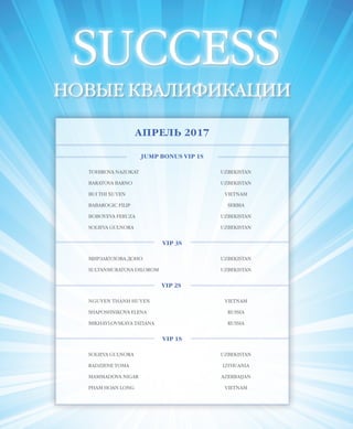 EVENTS
50VISION PLANET  05 / 2017
SUCCESS
НОВЫЕ КВАЛИФИКАЦИИ
АПРЕЛЬ 2017
JUMP BONUS VIP 1S
TOHIROVA NAZOKAT UZBEKISTAN
BARATOVA BARNO UZBEKISTAN
BUI THI XUYEN VIETNAM
BABAROGIC FILIP SERBIA
BOBOYEVA FERUZA UZBEKISTAN
SOLIEVA GULNORA UZBEKISTAN
VIP 3S
МИРЗАКУЛОВА ДОНО UZBEKISTAN
SULTANMURATOVA DILOROM UZBEKISTAN
VIP 2S
NGUYEN THANH HUYEN VIETNAM
SHAPOSHNIKOVA ELENA RUSSIA
MIKHAYLOVSKAYA TATIANA RUSSIA
VIP 1S
SOLIEVA GULNORA UZBEKISTAN
RADZIENE TOMA LITHUANIA
MAMMADOVA NIGAR AZERBAIJAN
PHAM HOAN LONG VIETNAM
 