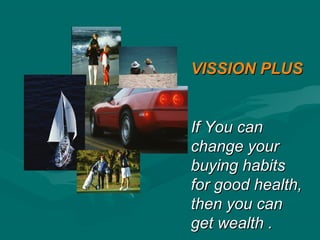 VISSION PLUSVISSION PLUS
If You canIf You can
change yourchange your
buying habitsbuying habits
for good health,for good health,
then you canthen you can
get wealth .get wealth .
 